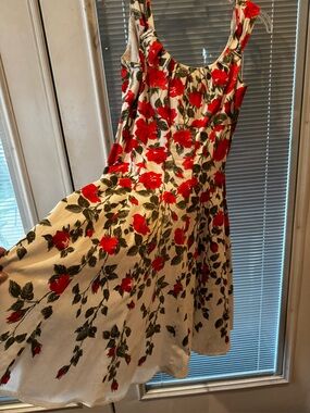 Sleeveless Red Rose Print Dress in Cream- New Direction